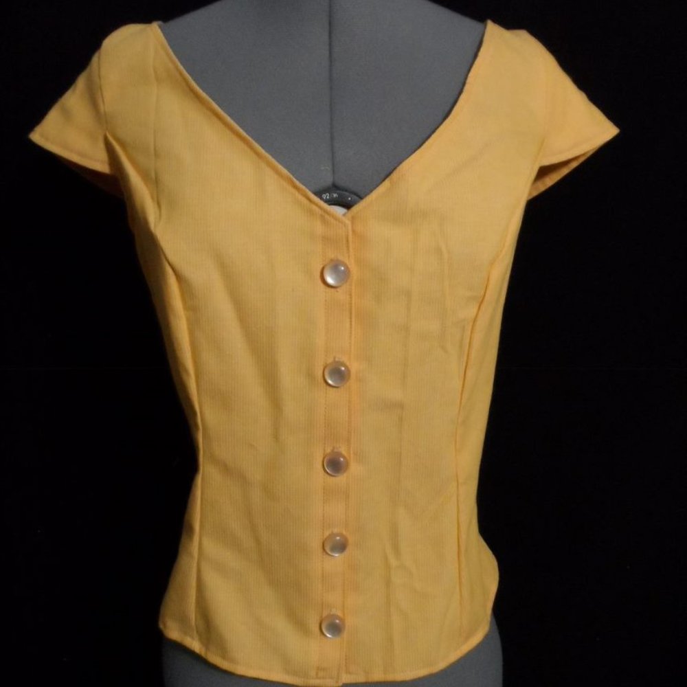 Deep V-neck button up blouse Sunshine Yellow orange PM cap sleeve Flocked stripe